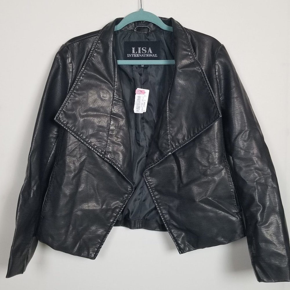 NWT Open Front Faux Leather Charcoal Jacket